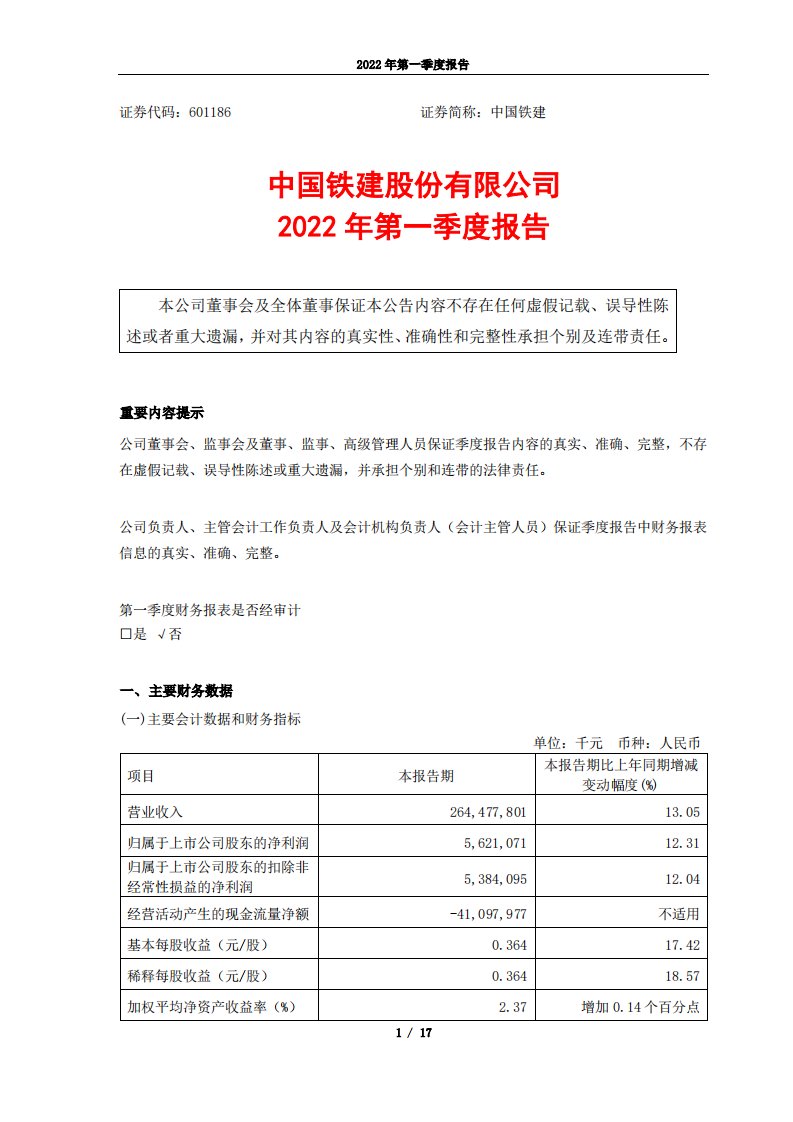 上交所-中国铁建2022年第一季度报告-20220429