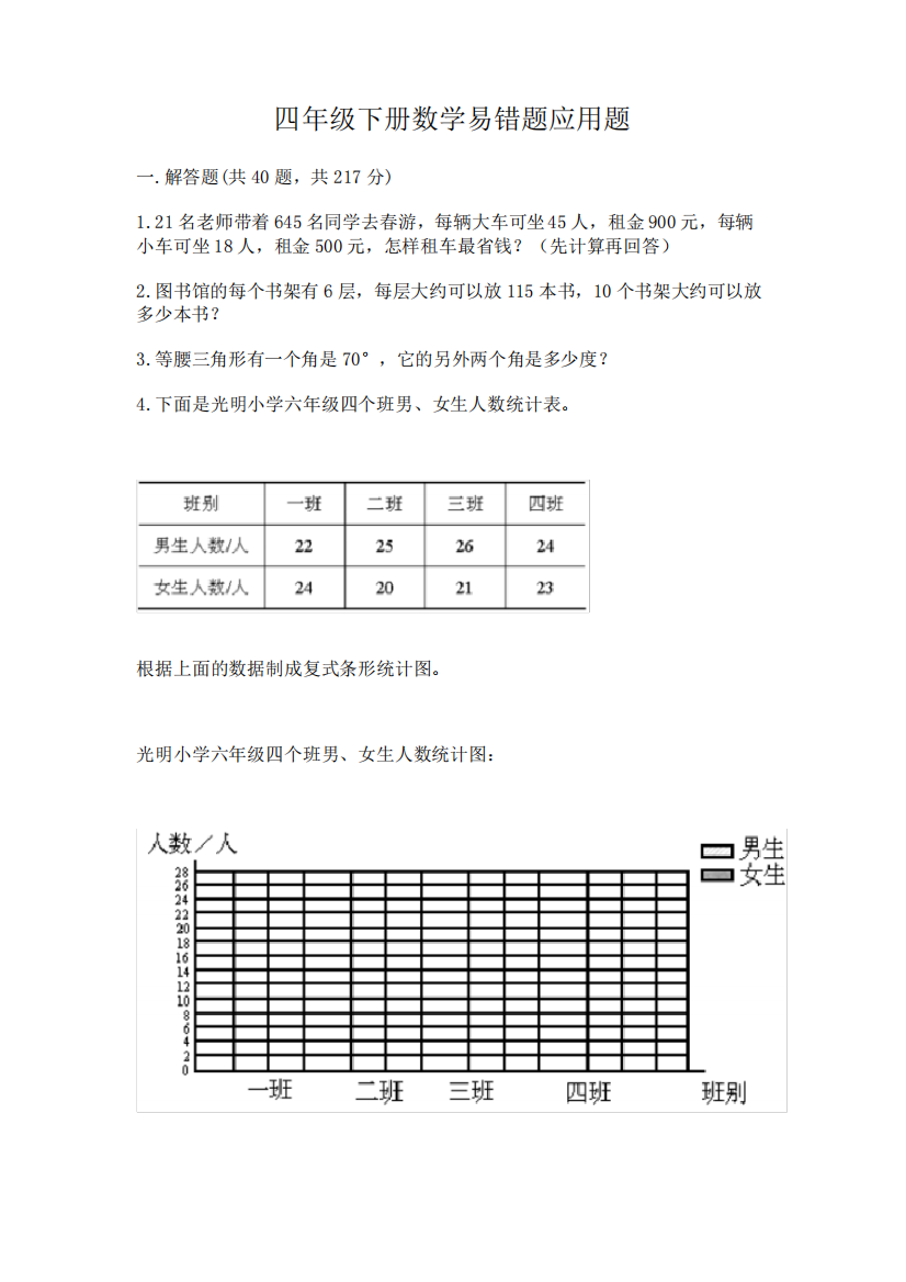 四年级下册数学易错题应用题附参考答案【完整版】