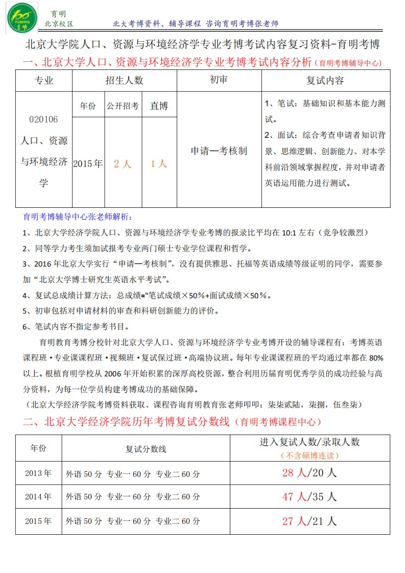 北京大学经济学院人口、资源与环境经济学专业考博真题-育明考博