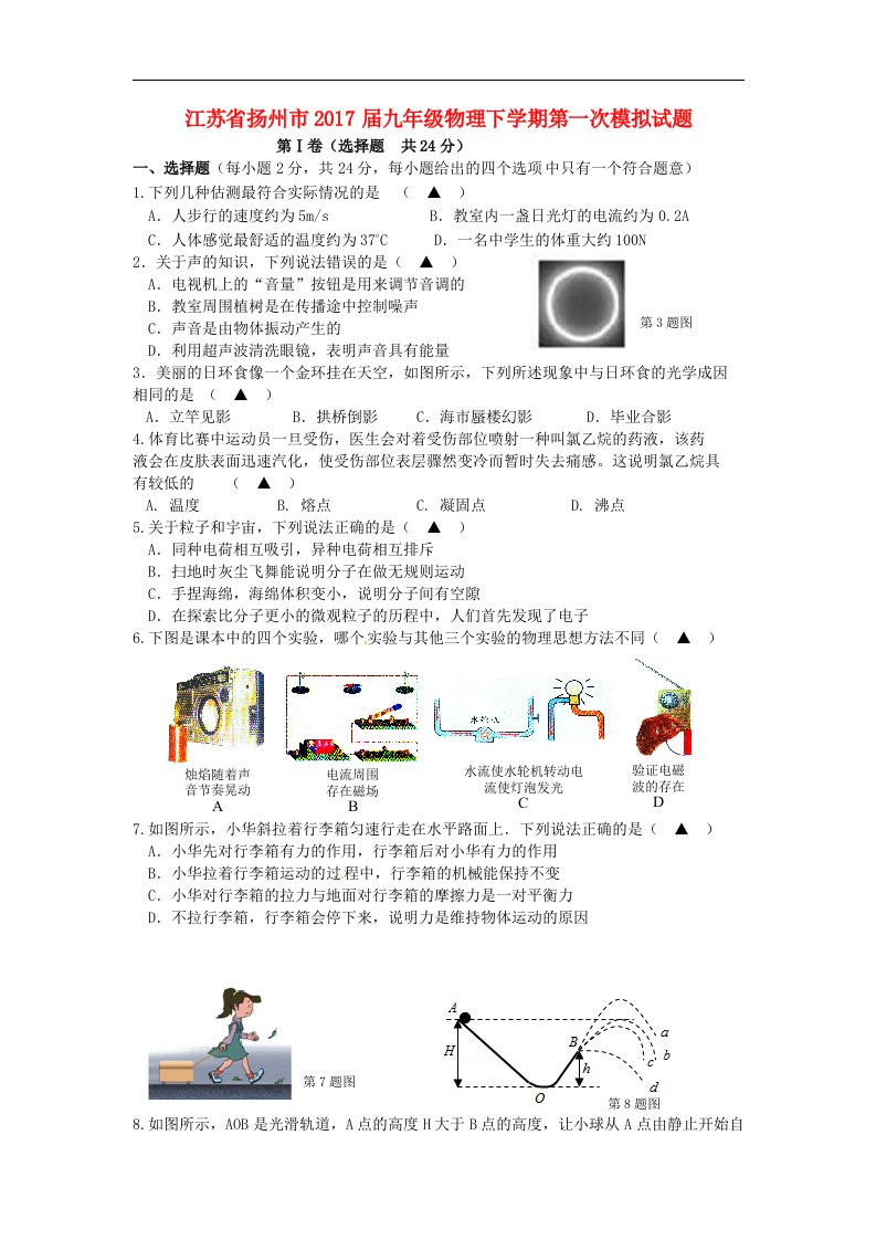 江苏省扬州市2017届九年级物理下学期第一次模拟试题