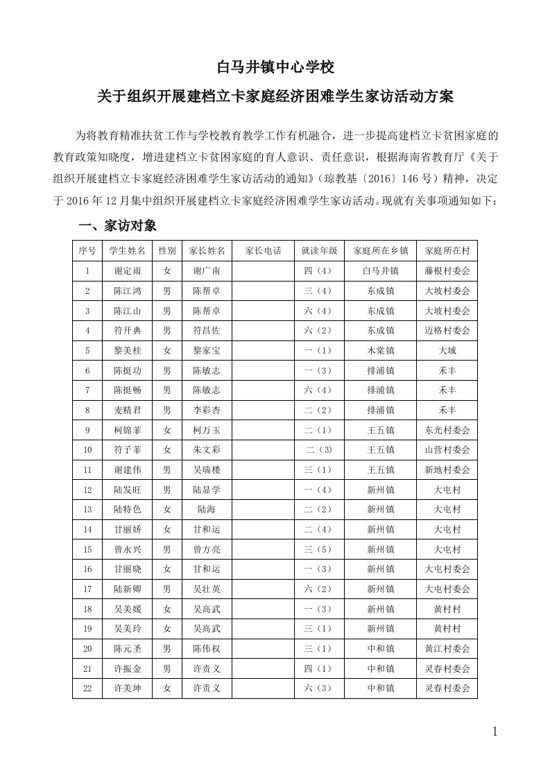 关于组织开展建档立卡家庭经济困难学生家访活动方案