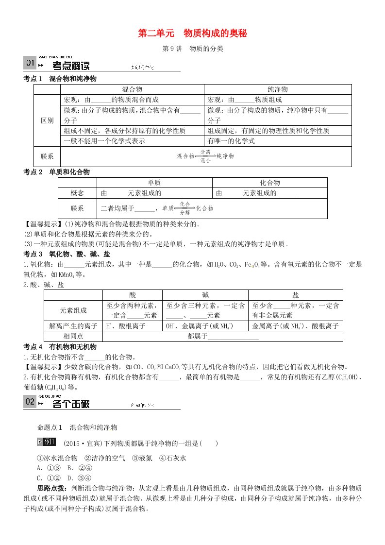 火线100天四川专版2016中考化学第二单元物质构成的奥秘第9讲物质的分类复习