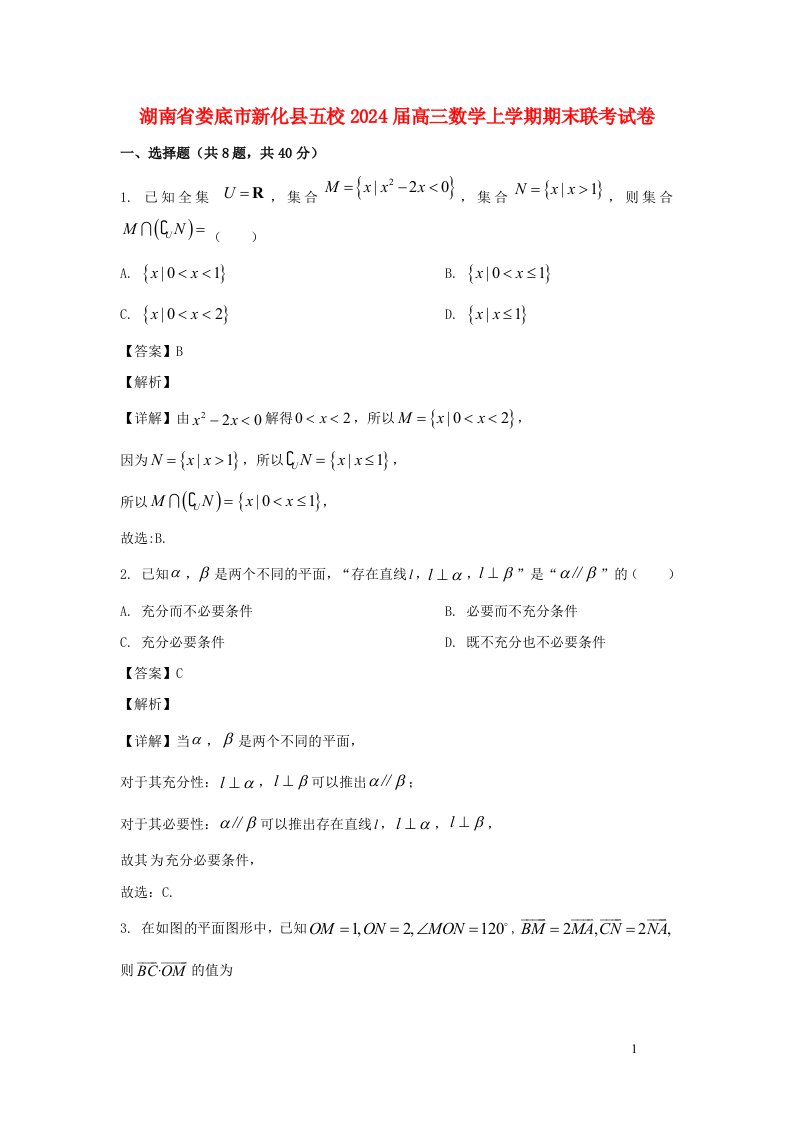 湖南省娄底市新化县五校2025届高三数学上学期期末联考试卷含解析