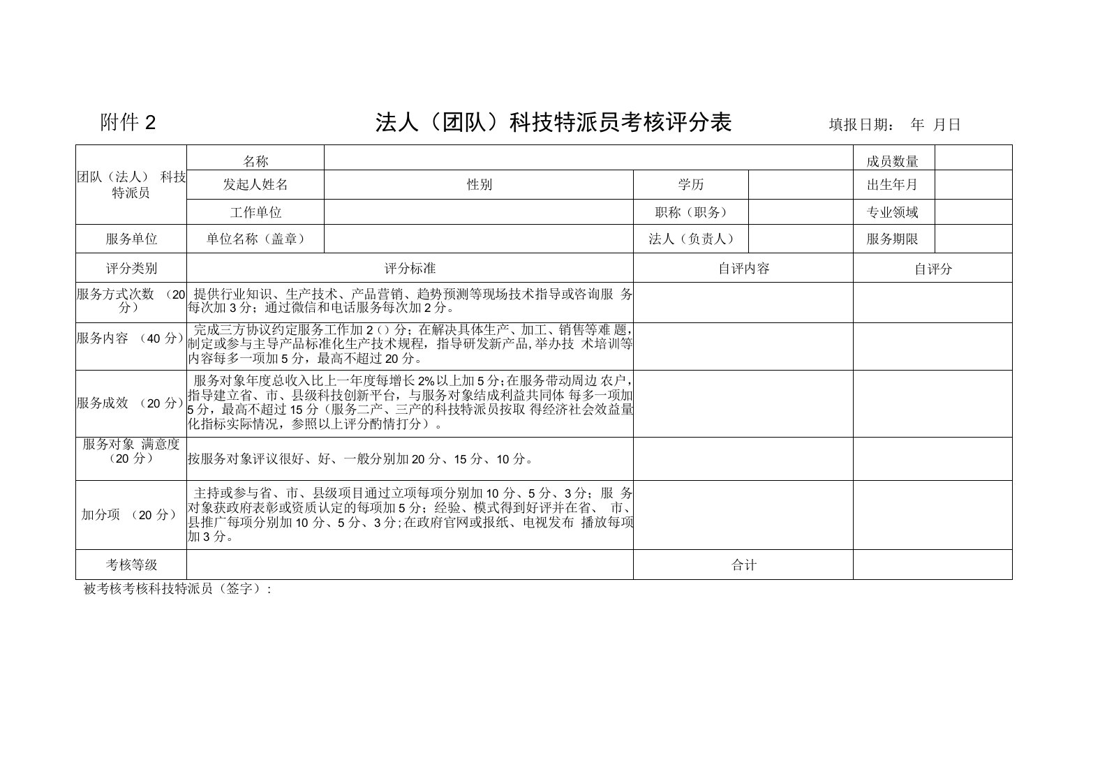 法人团队科技特派员考核评分表填报日期年月日