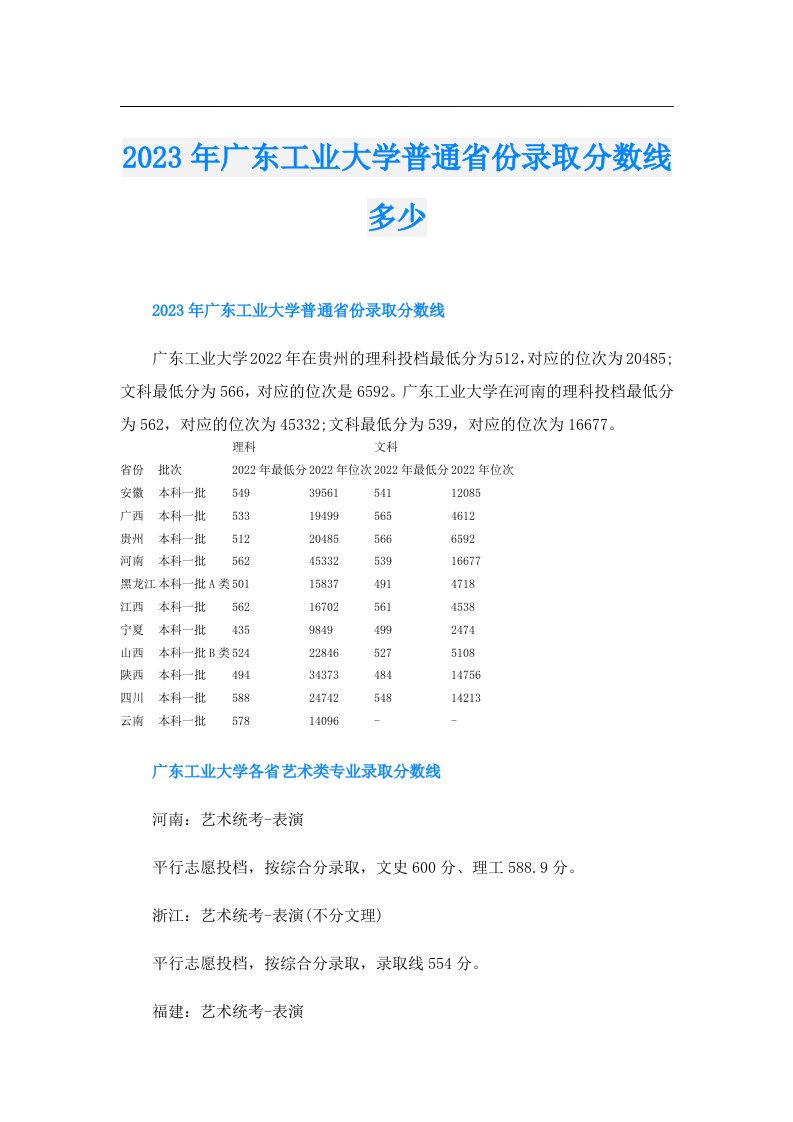 广东工业大学普通省份录取分数线多少