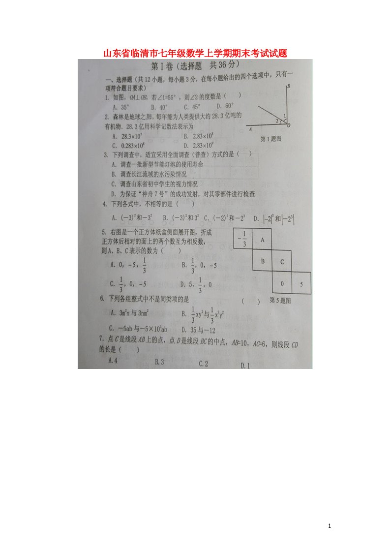 山东省临清市七级数学上学期期末考试试题（扫描版）