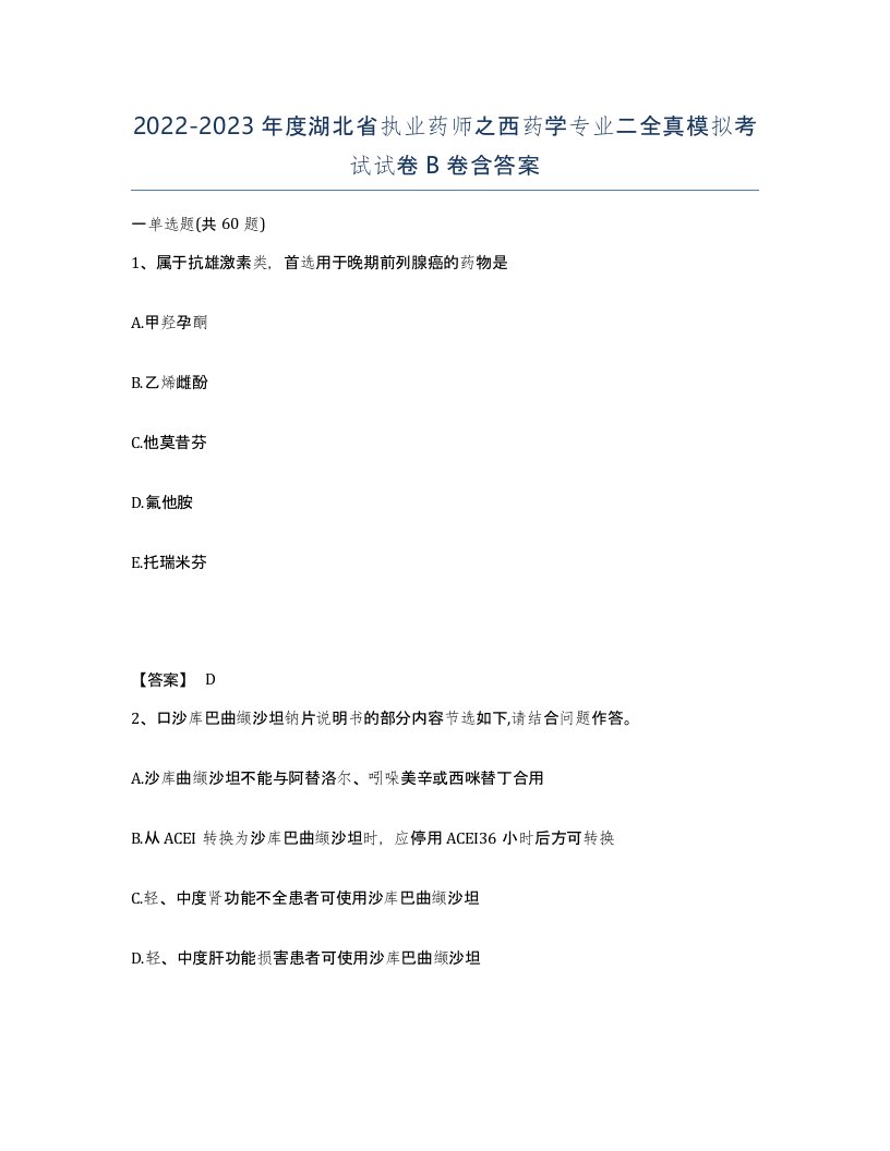 2022-2023年度湖北省执业药师之西药学专业二全真模拟考试试卷B卷含答案