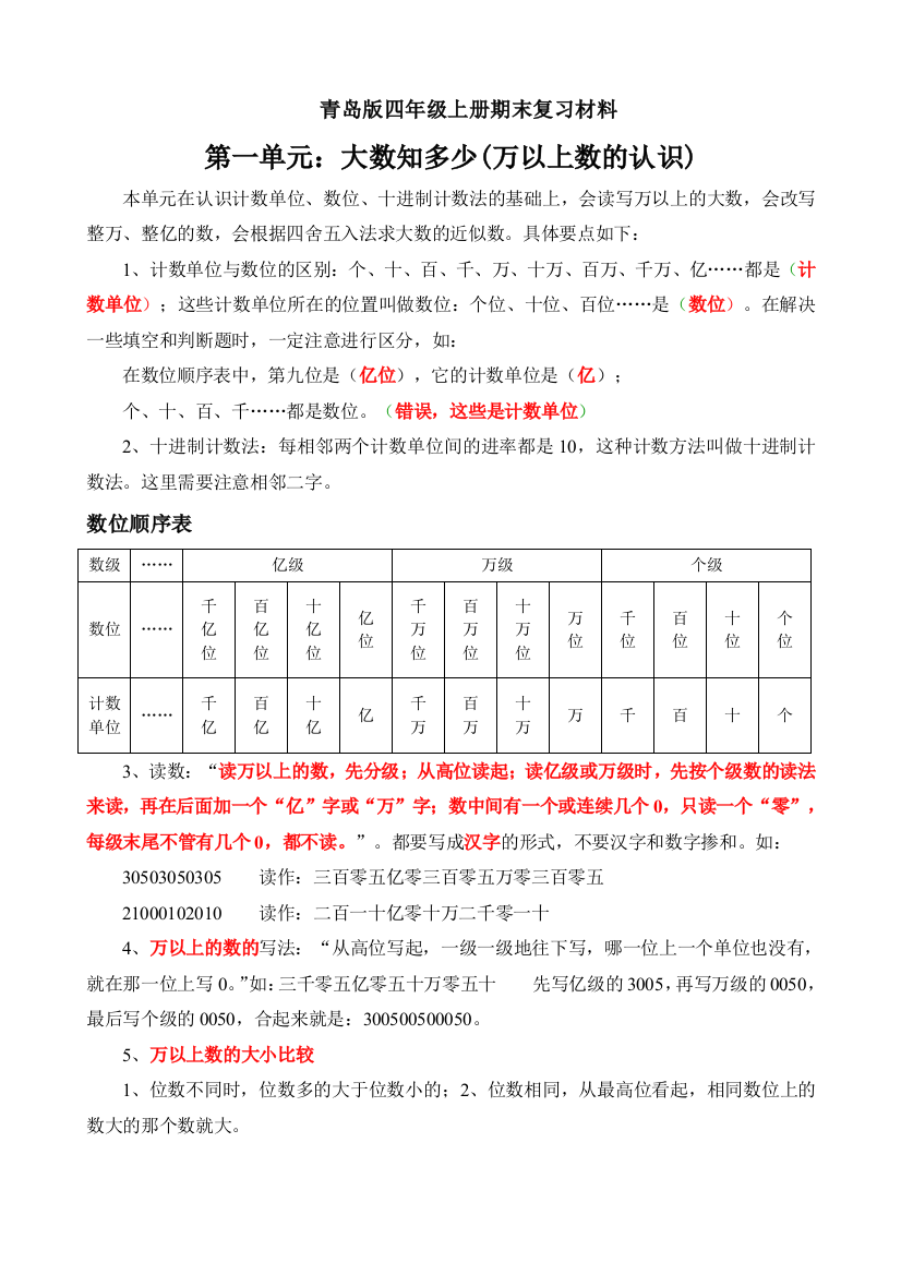 新青岛四年级数学上册知识点归纳