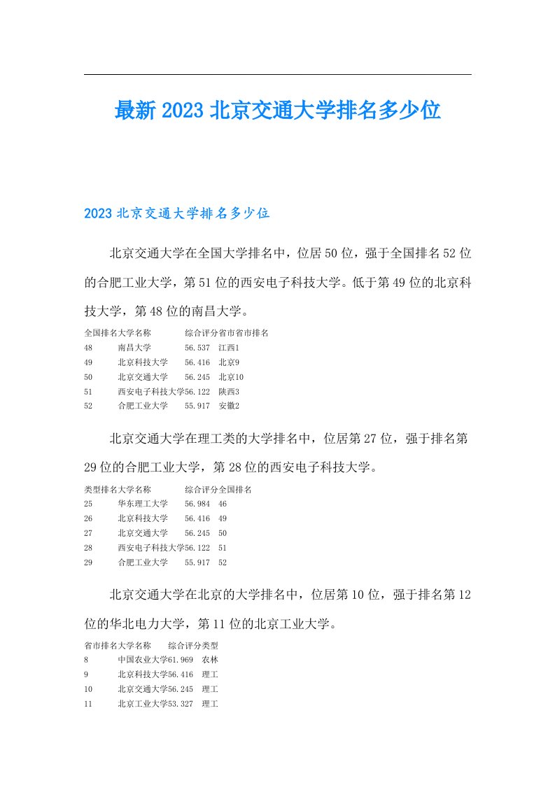 最新2023北京交通大学排名多少位