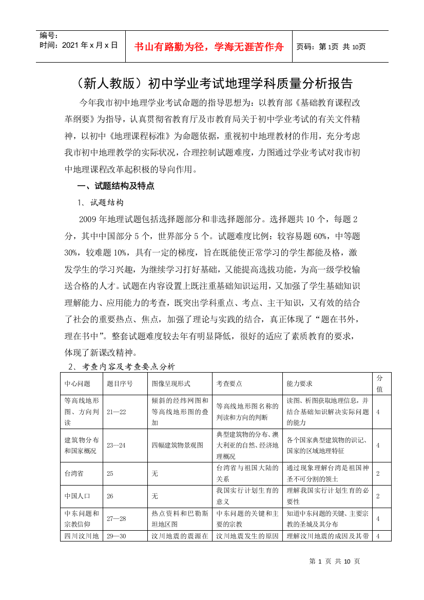 （新人教版）初中学业考试地理学科质量分析报告