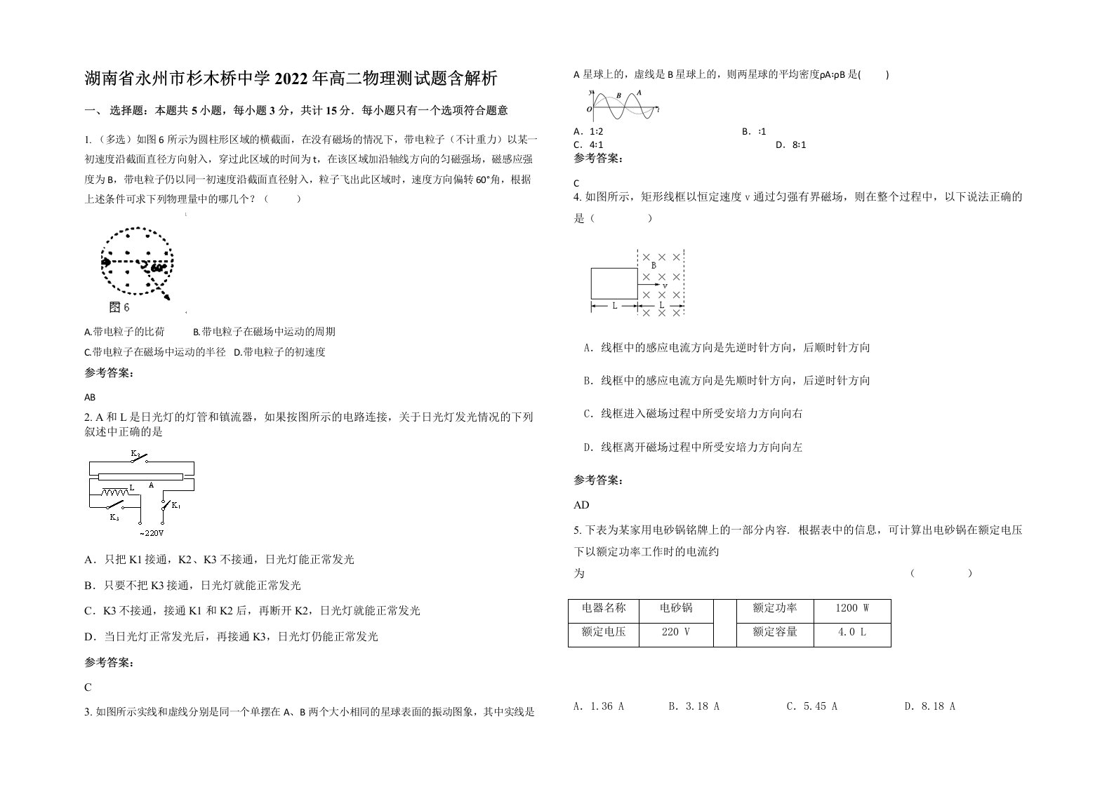 湖南省永州市杉木桥中学2022年高二物理测试题含解析