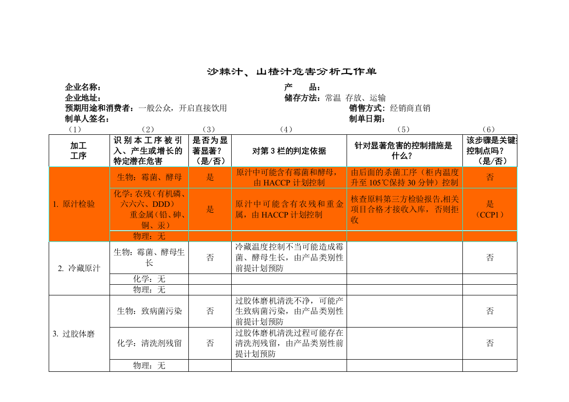 沙棘汁山楂汁危害分析工作单