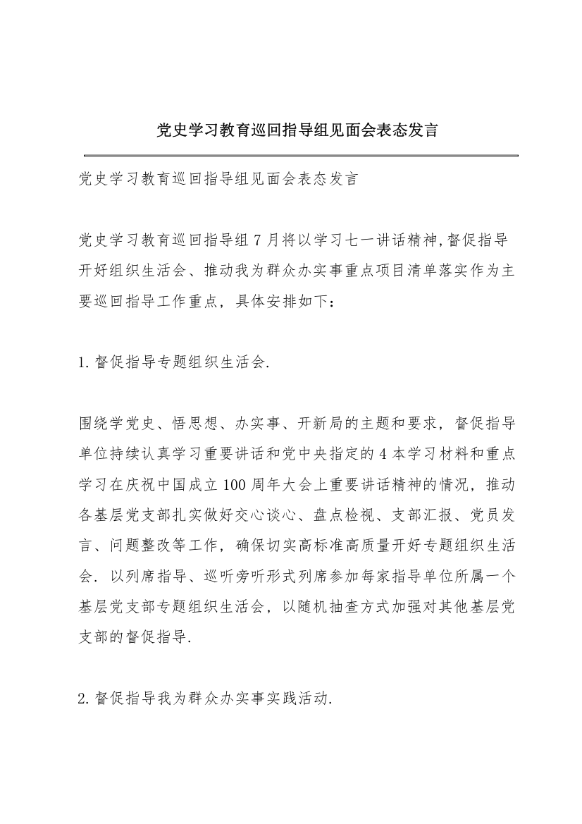 党史学习教育巡回指导组见面会表态发言