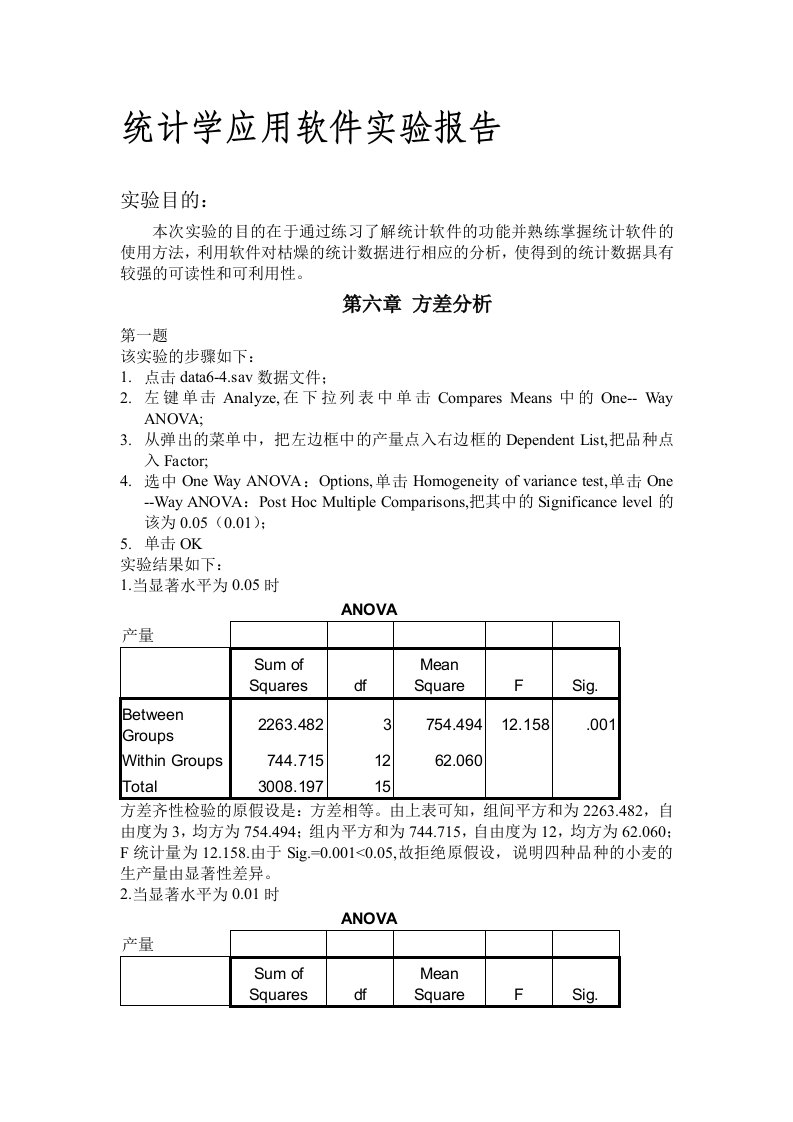 统计学应用软件实验报告