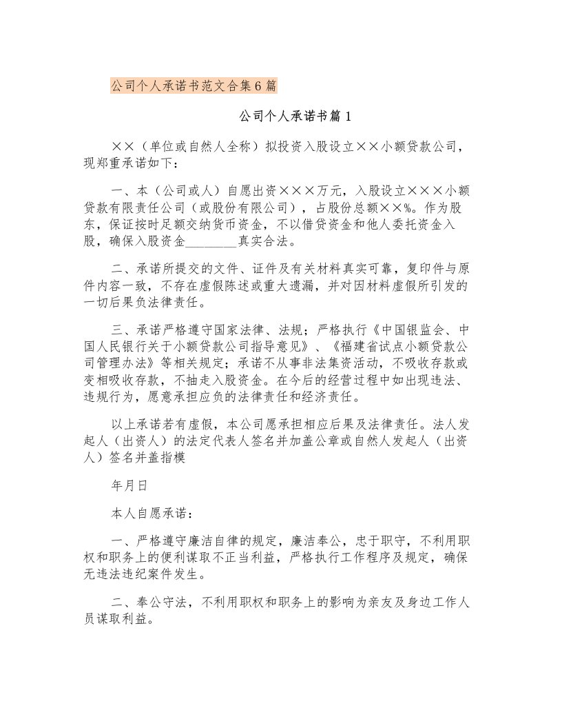 公司个人承诺书范文合集6篇