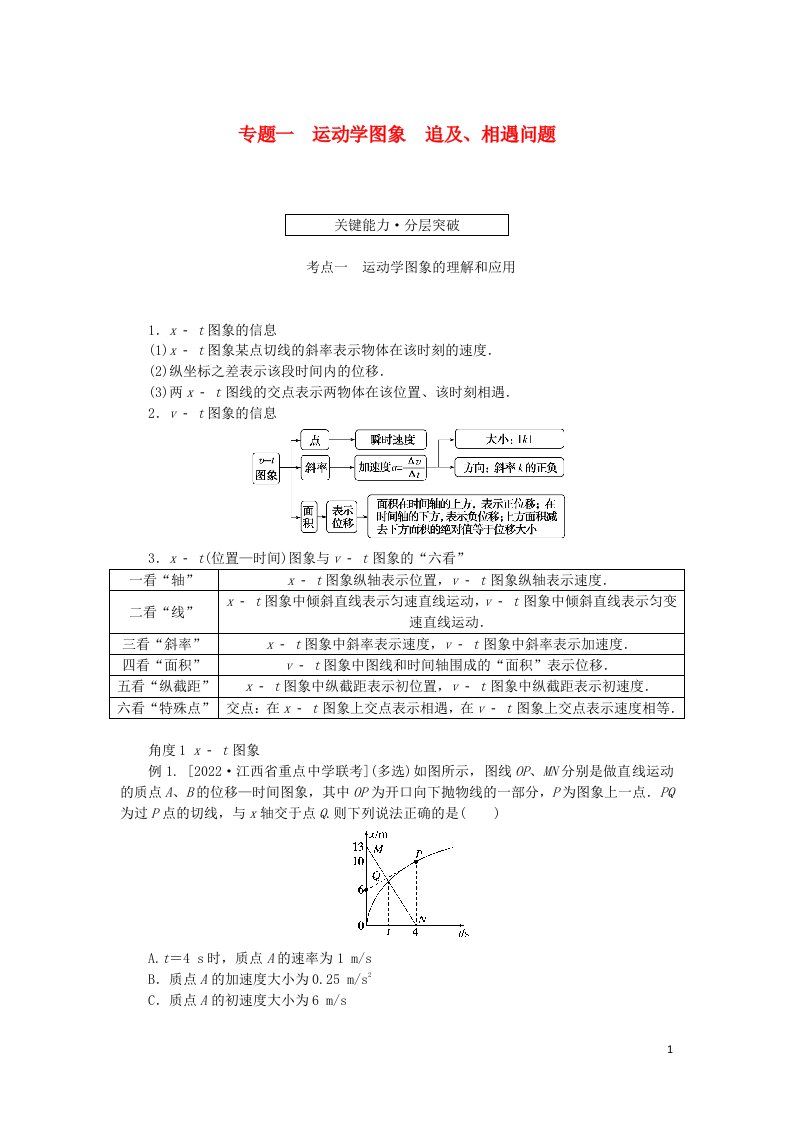 统考版2023版高考物理一轮复习第一章运动的描述匀变速直线运动的研究专题一运动学图象追及相遇问题学生用书