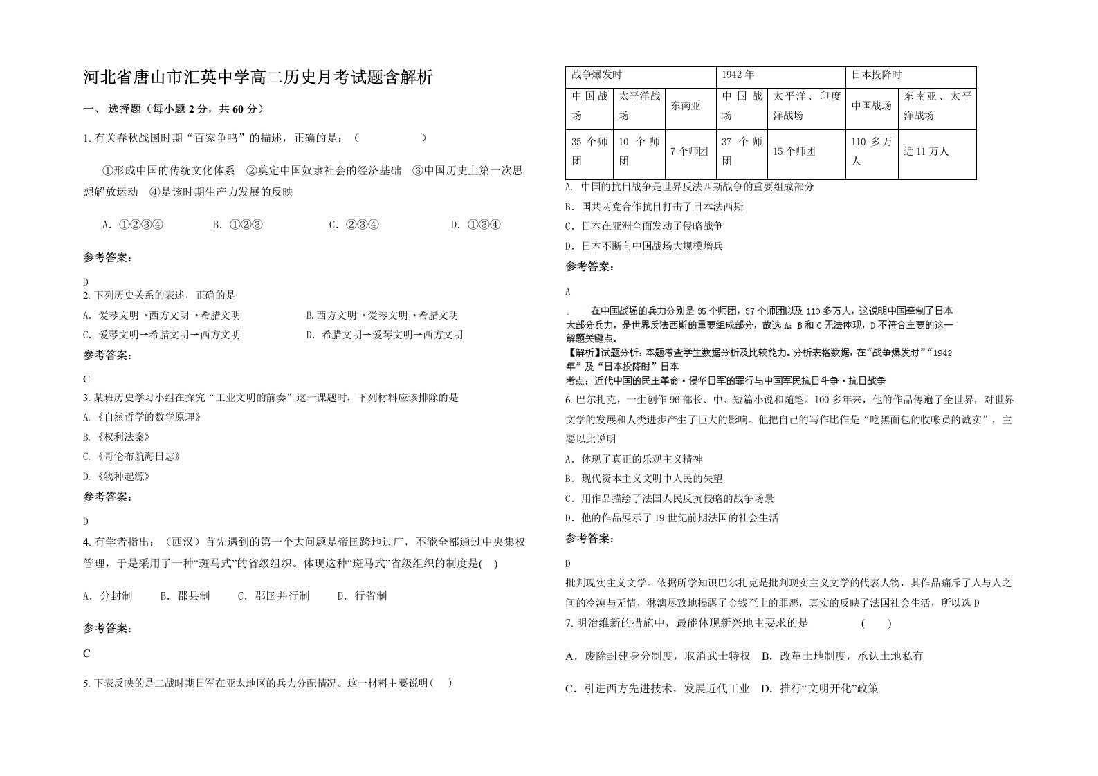 河北省唐山市汇英中学高二历史月考试题含解析