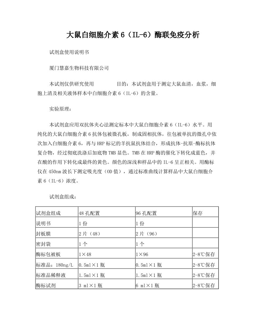 大鼠白细胞介素6(IL-6)ELISA试剂盒说明书