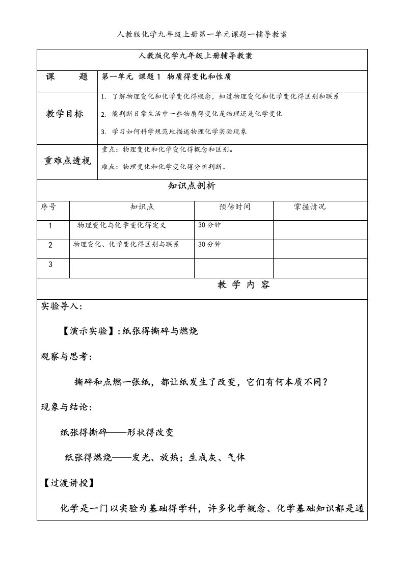 人教版化学九年级上册第一单元课题一辅导教案