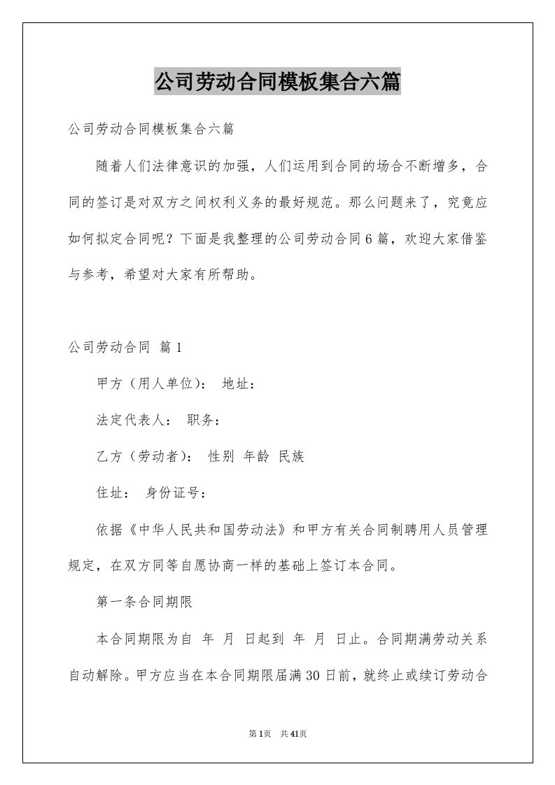 公司劳动合同模板集合六篇