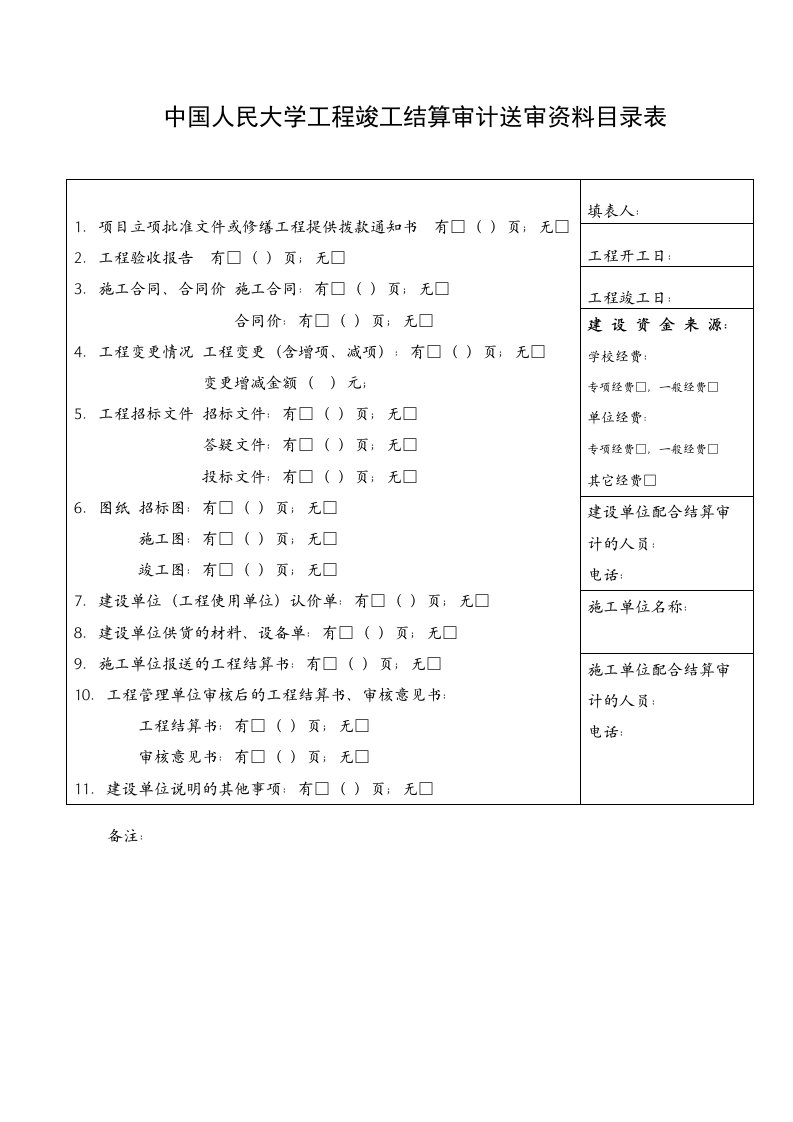 中国人民大学工程竣工结算审计送审资料目录表