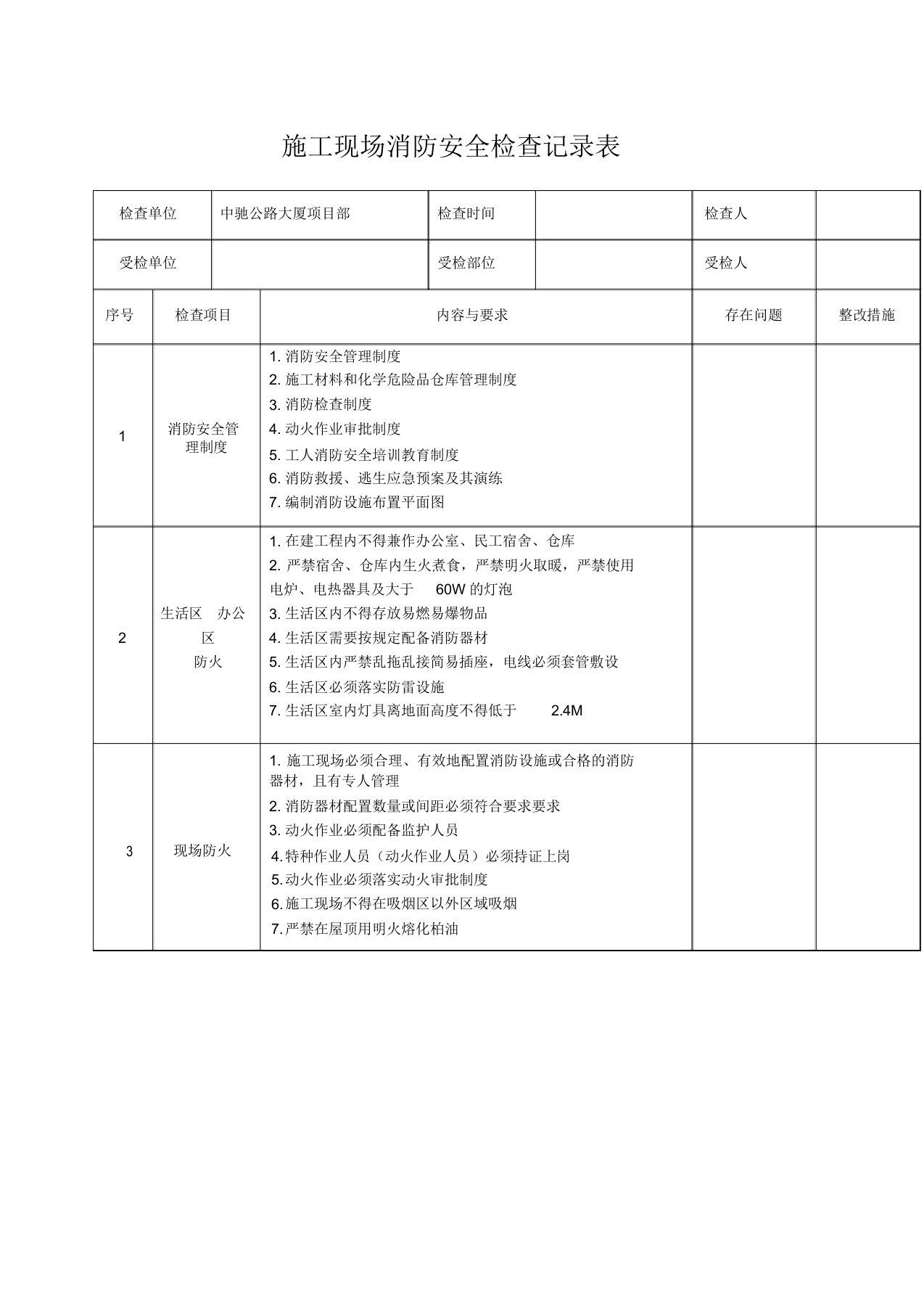 施工现场消防检查记录