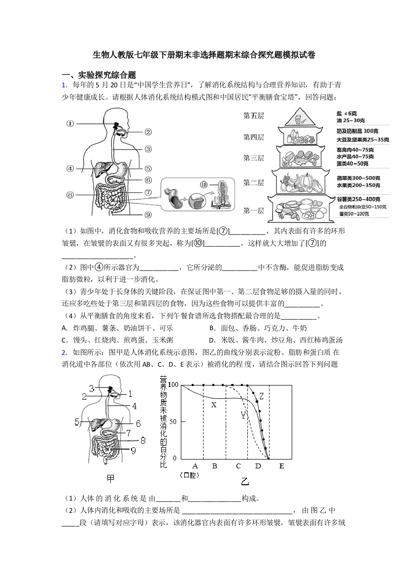 生物人教版七年级下册期末非选择题期末综合探究题模拟试卷