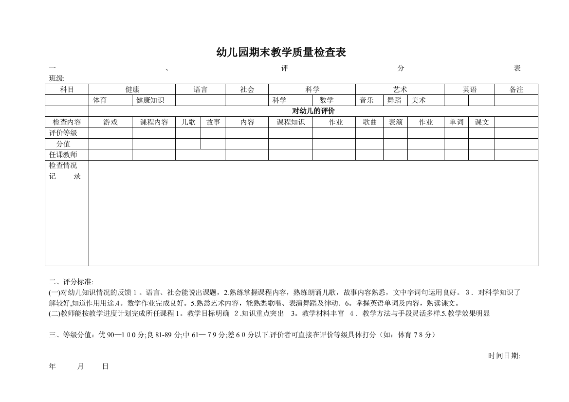 幼儿园期末教学质量检查表44185