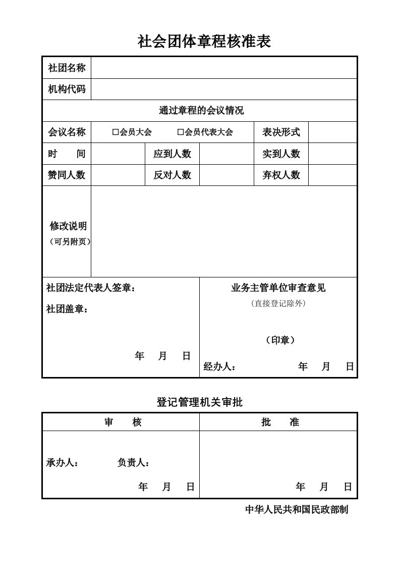 社会团体章程核准表