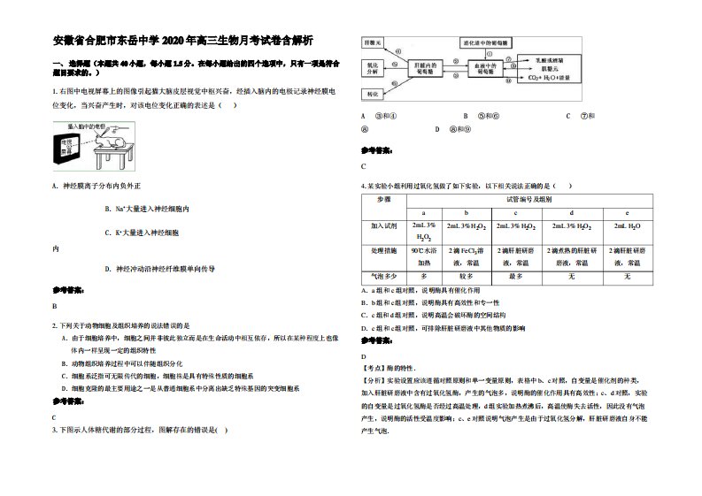 安徽省合肥市东岳中学2020年高三生物月考试卷含解析