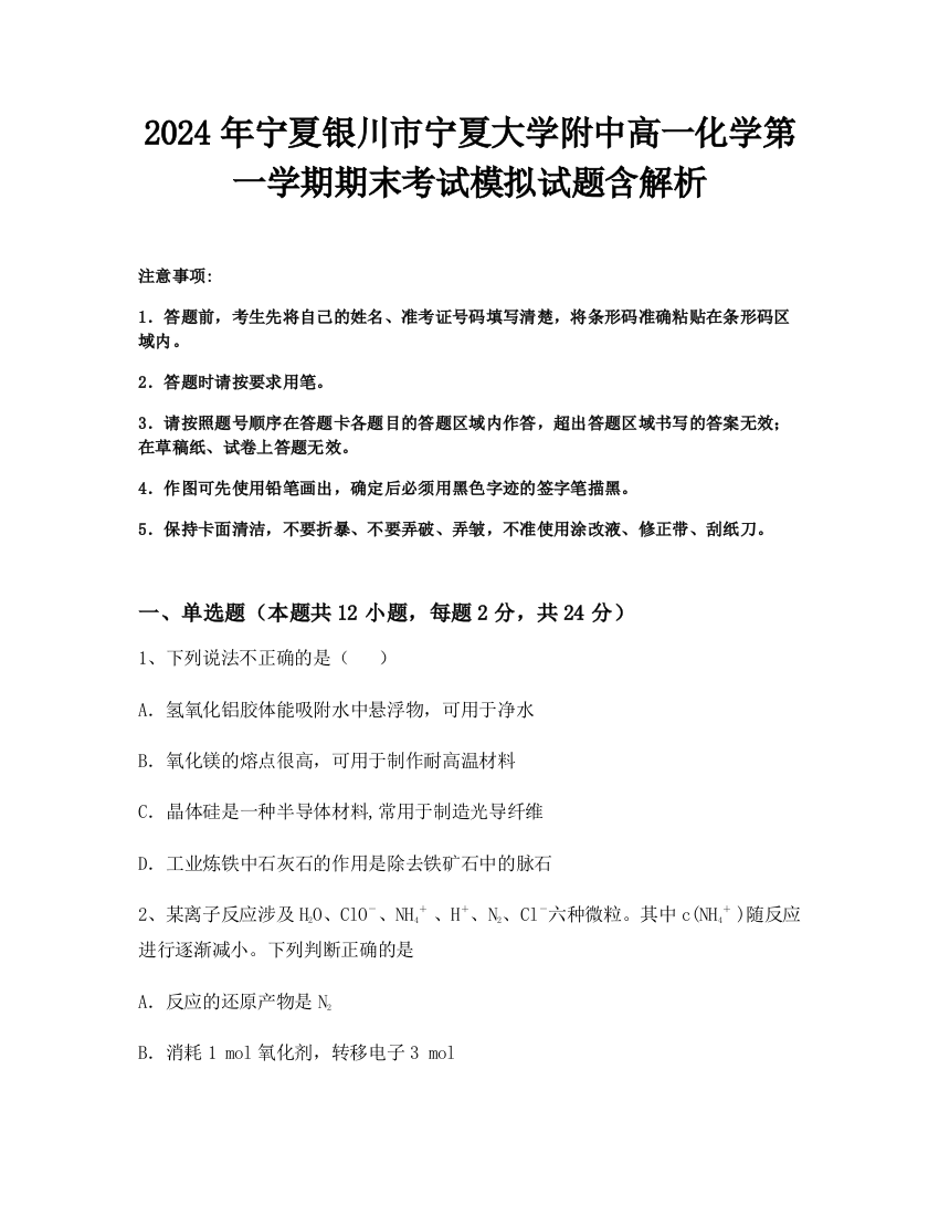 2024年宁夏银川市宁夏大学附中高一化学第一学期期末考试模拟试题含解析