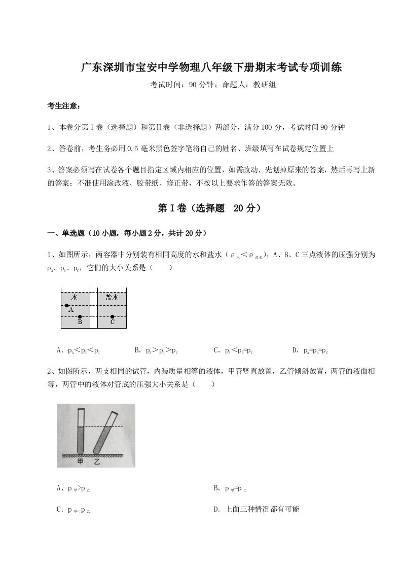 2023-2024学年度广东深圳市宝安中学物理八年级下册期末考试专项训练试卷（含答案详解）