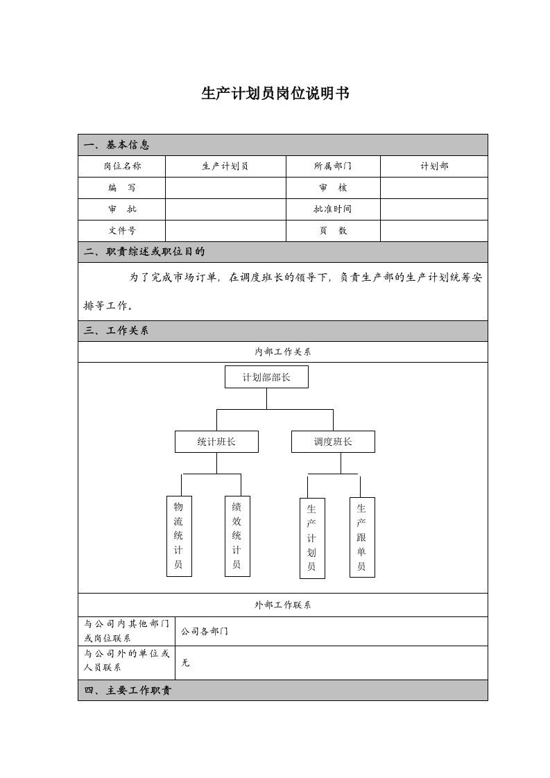 生产计划员岗位说明书