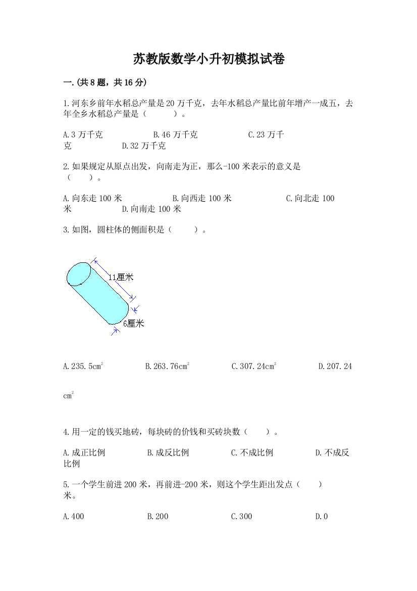 苏教版数学小升初模拟试卷（网校专用）