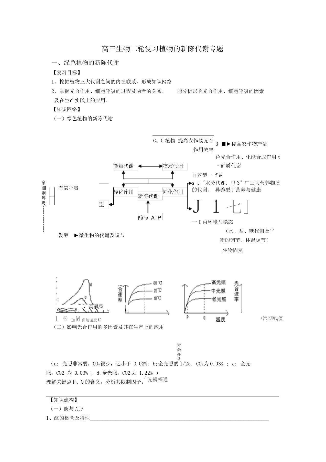 高三生物二轮复习学案植物的新陈代谢专题附答案