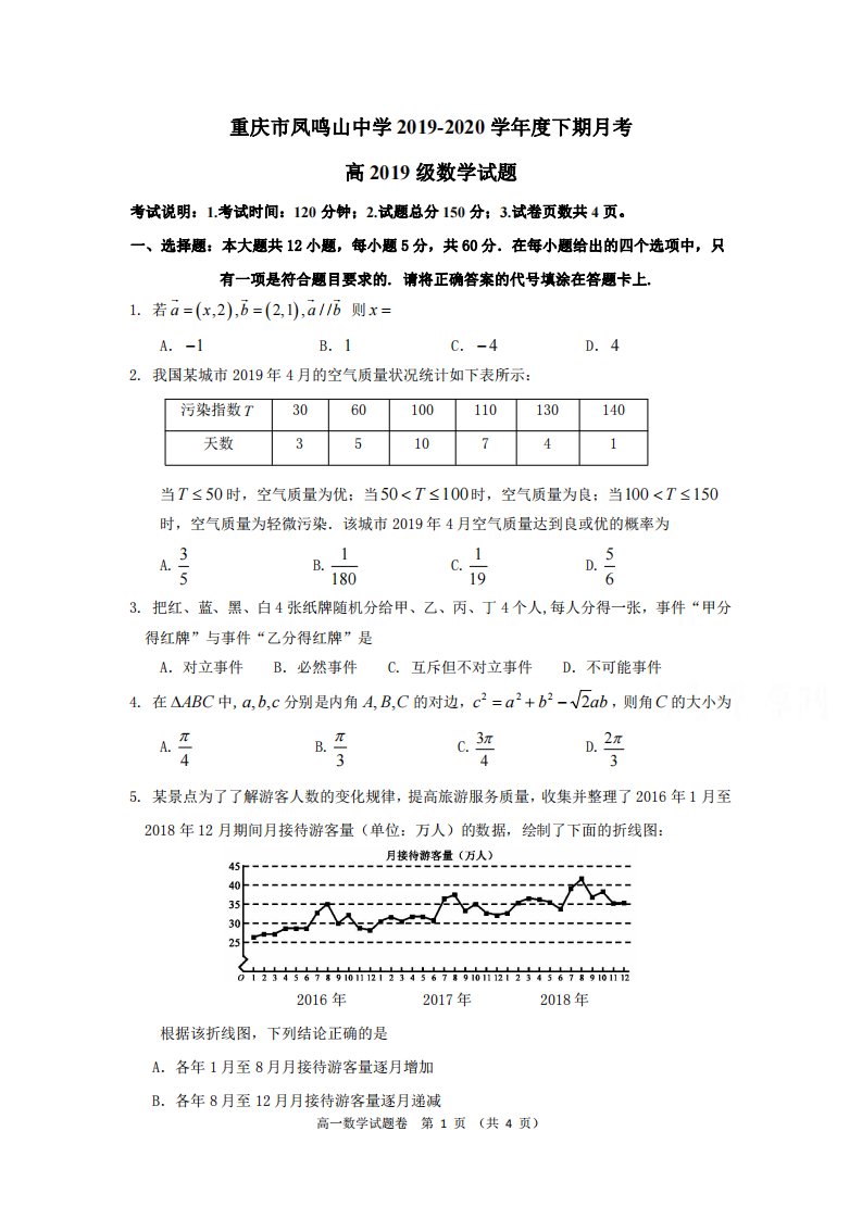 重庆市凤鸣山中学2019-2020学年高一数学6月月考试题（PDF）