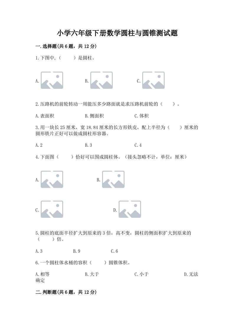 小学六年级下册数学圆柱与圆锥测试题带答案（突破训练）