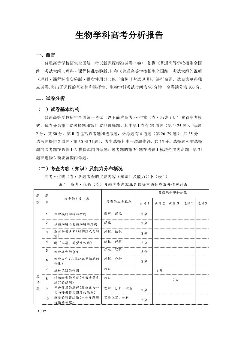 生物学科高考分析报告