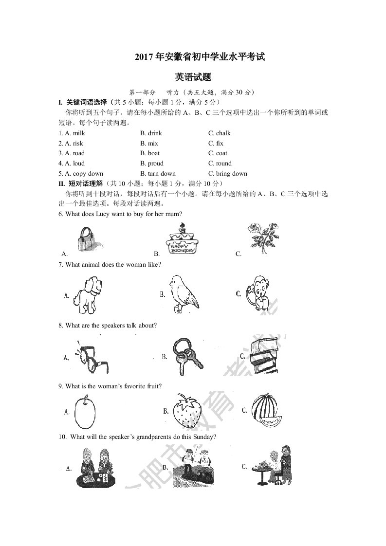 2017年安徽省中考英语试题word版