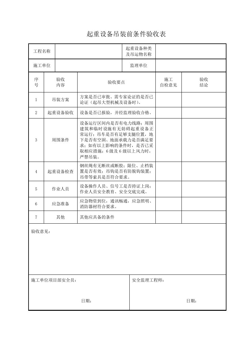 起重设备吊装前条件验收表格