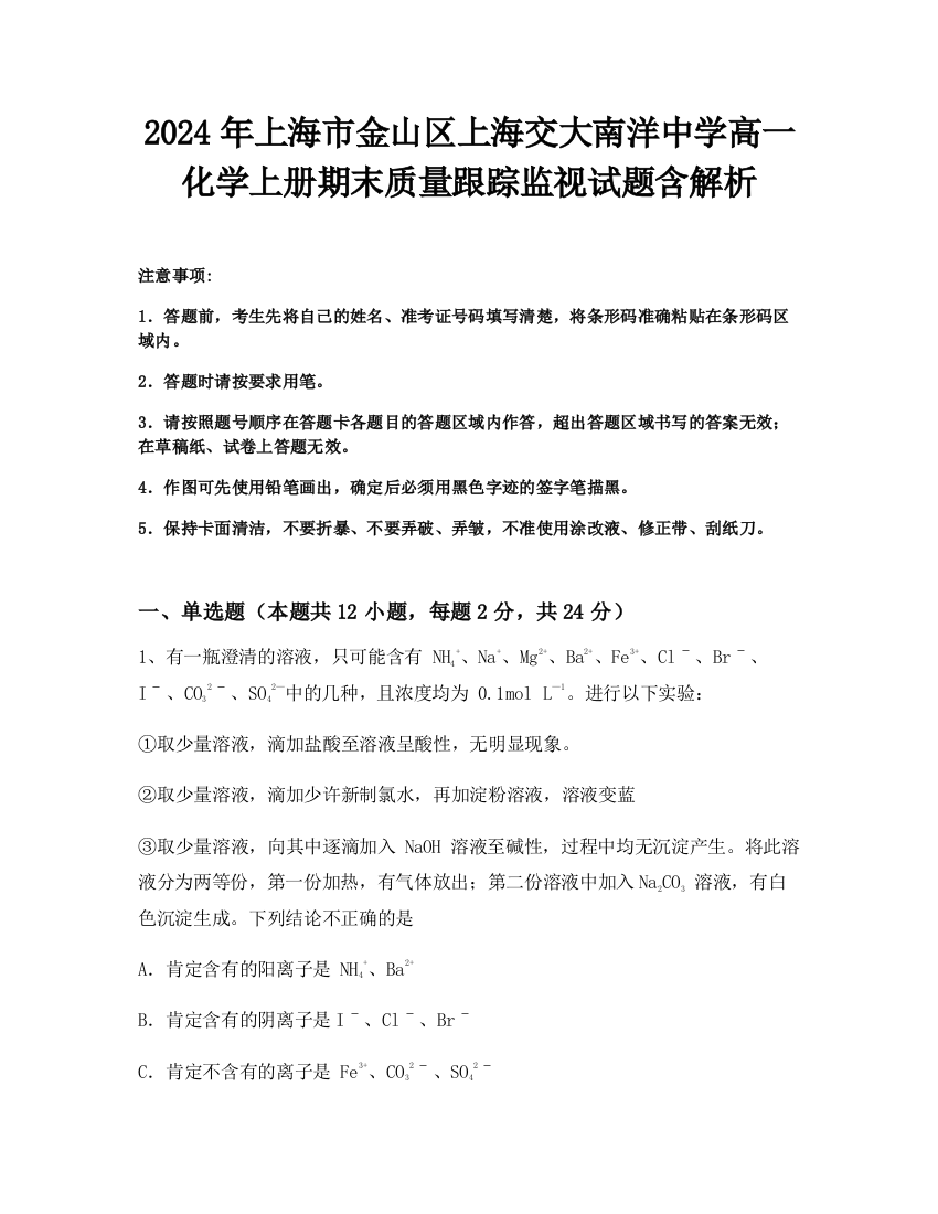 2024年上海市金山区上海交大南洋中学高一化学上册期末质量跟踪监视试题含解析