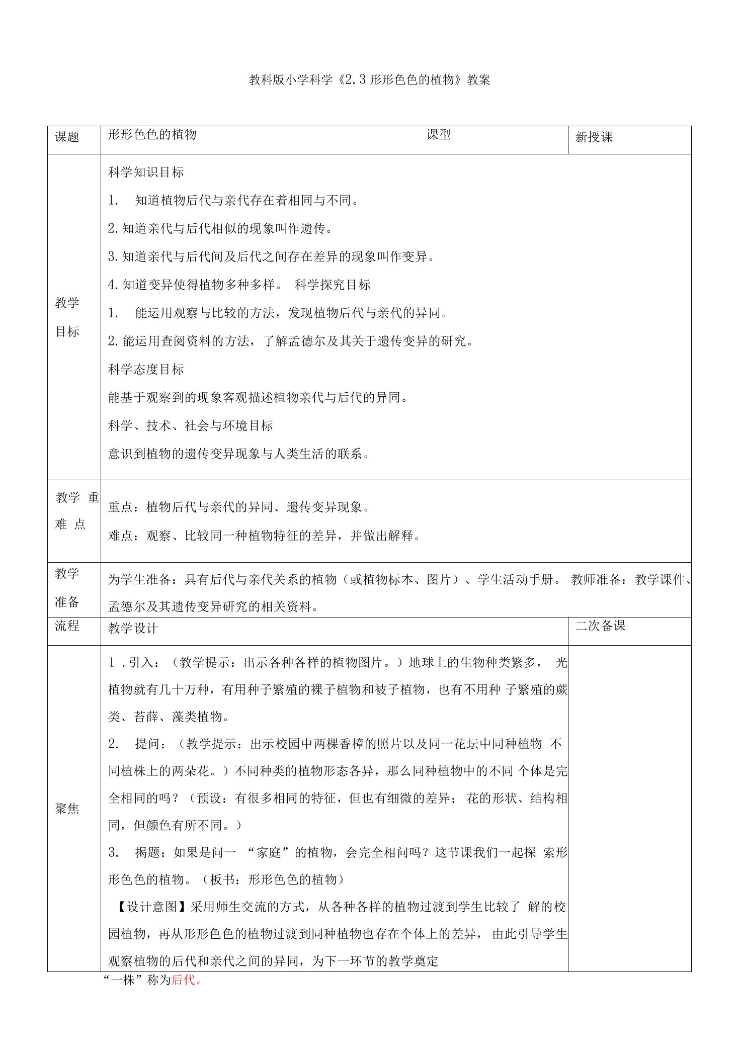 小学科学《形形色色的植物》教案、教学设计与同步练习0001