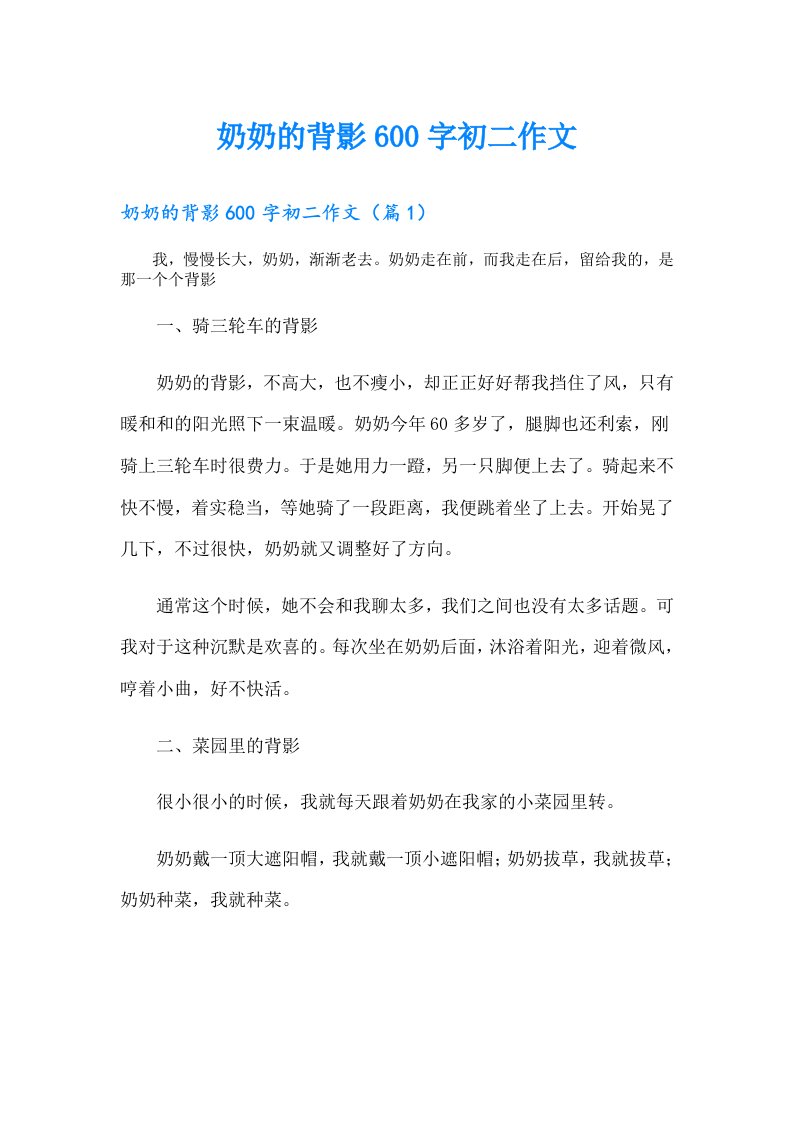 奶奶的背影600字初二作文