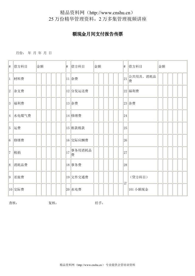 额现金月间支付报告传票