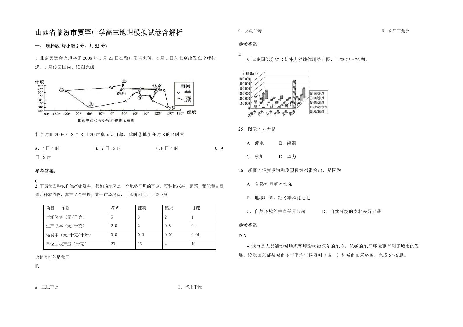 山西省临汾市贾罕中学高三地理模拟试卷含解析