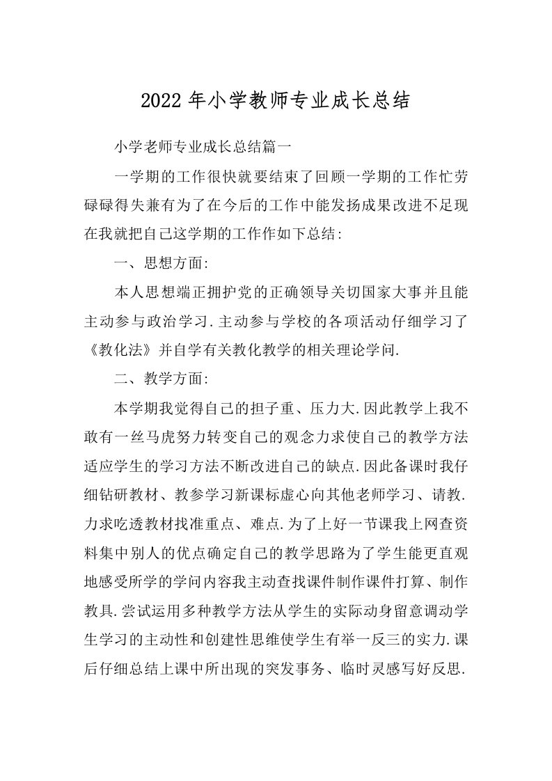 2022年小学教师专业成长总结