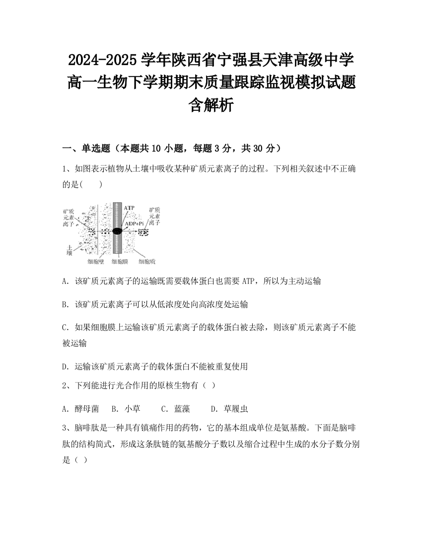 2024-2025学年陕西省宁强县天津高级中学高一生物下学期期末质量跟踪监视模拟试题含解析