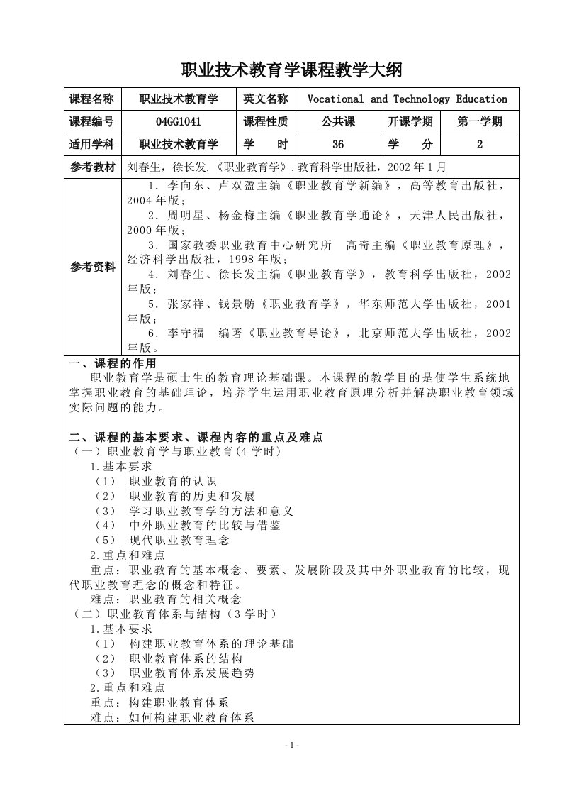 职业技术教育学课程教学大纲