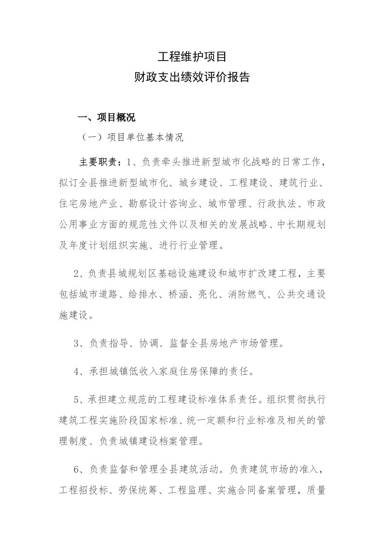 工程维护项目财政支出绩效评价报告