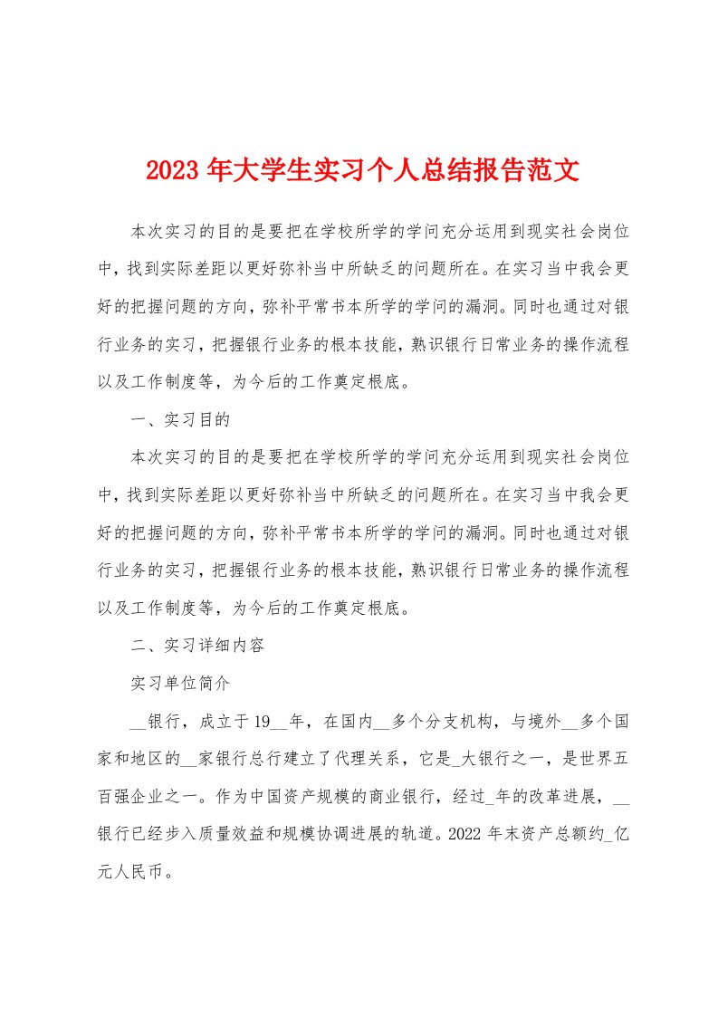 2023年大学生实习个人总结报告范文